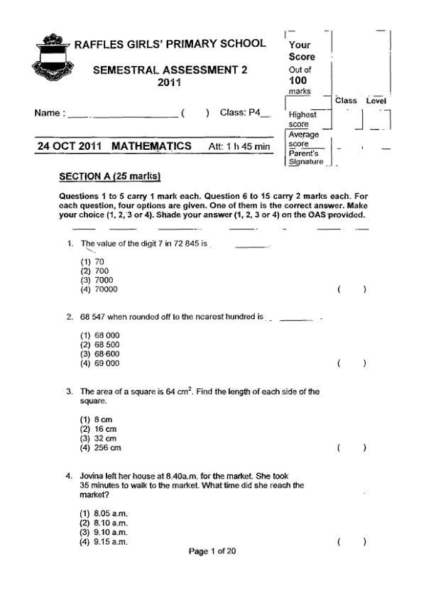 Raffles Girls P4 Math SA2 2011 exam paper PDF preview