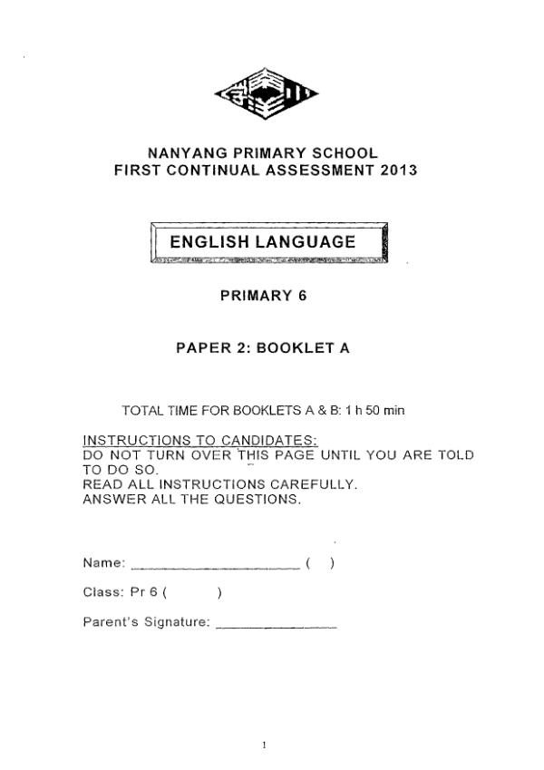 Nanyang P6 Eng WA1 2013 exam paper PDF preview