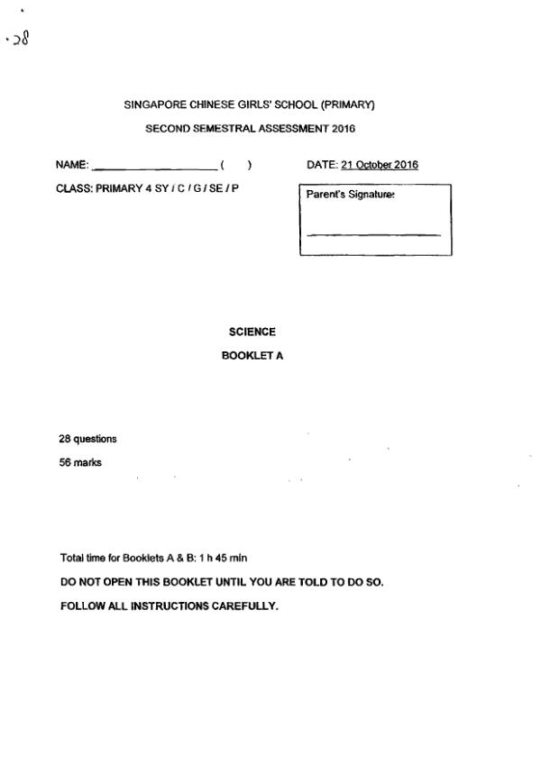 Singapore Chinese Girls P4 Sci SA2 2016 exam paper PDF preview