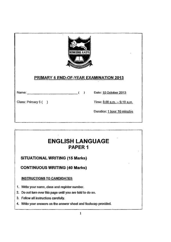 Tao Nan P5 Eng SA2 2013 exam paper PDF first page preview