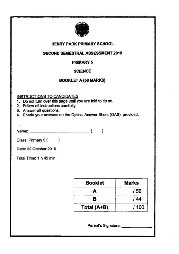 Henry Park P5 Sci SA2 2019 exam paper PDF first page preview