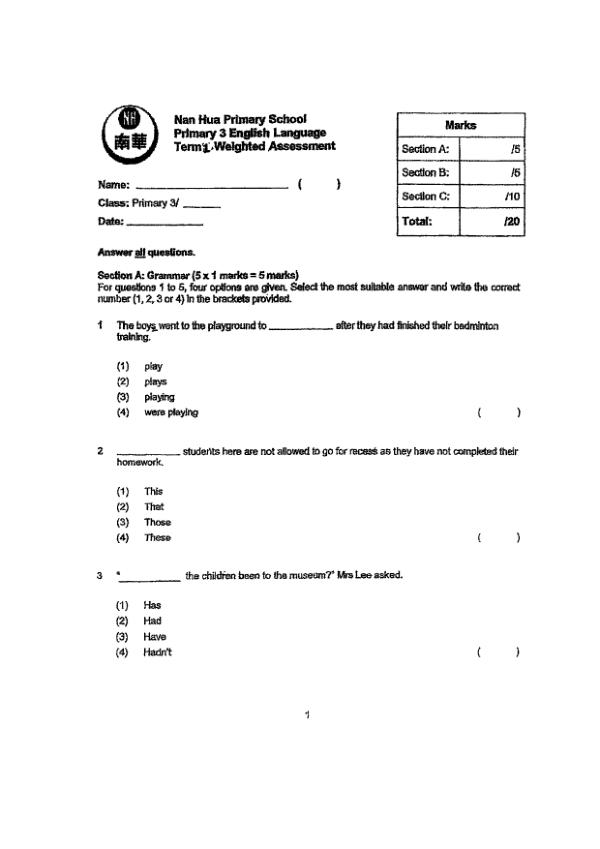 Nan Hua P3 Eng WA2 2021 exam paper PDF preview