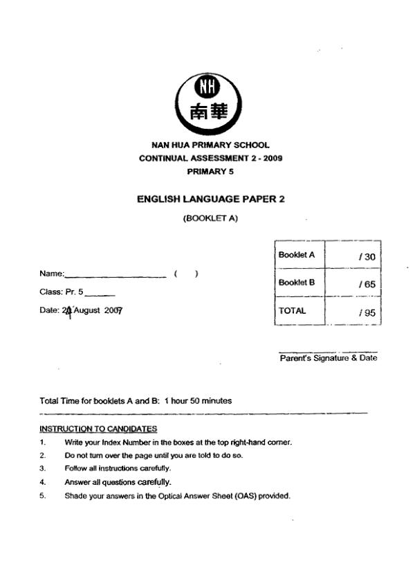 Nan Hua P5 Eng WA3 2009 exam paper PDF preview
