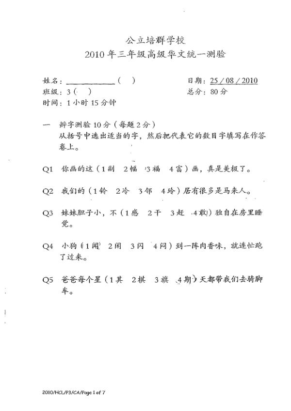 Pei Chun P3 Chi WA3 2010 exam paper PDF first page preview