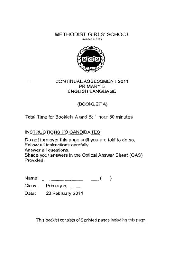 Methodist Girls P5 Eng WA1 2011 exam paper PDF preview