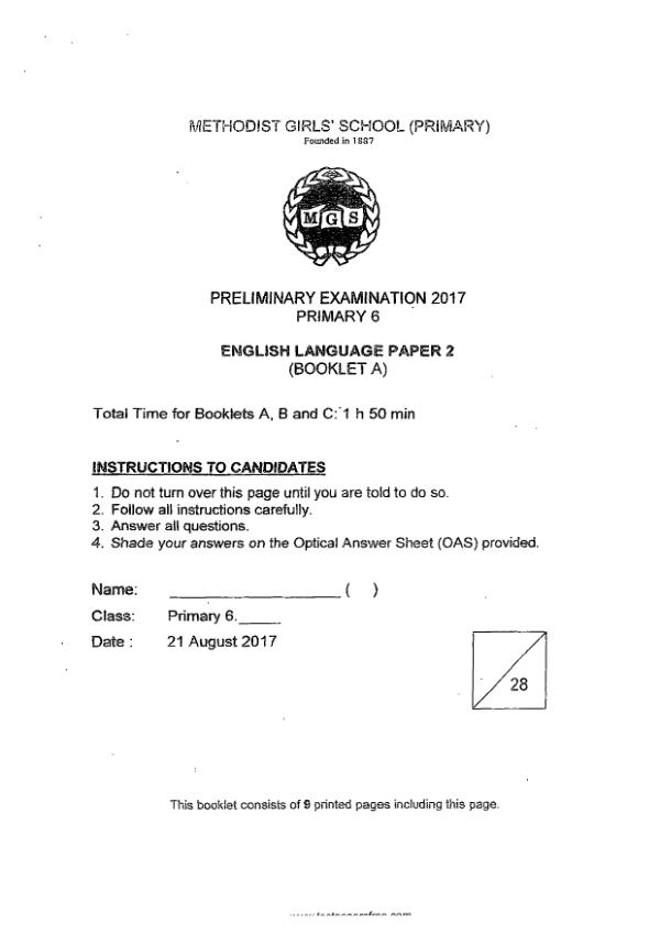 Methodist Girls P6 Eng SA2 2017 exam paper PDF first page preview