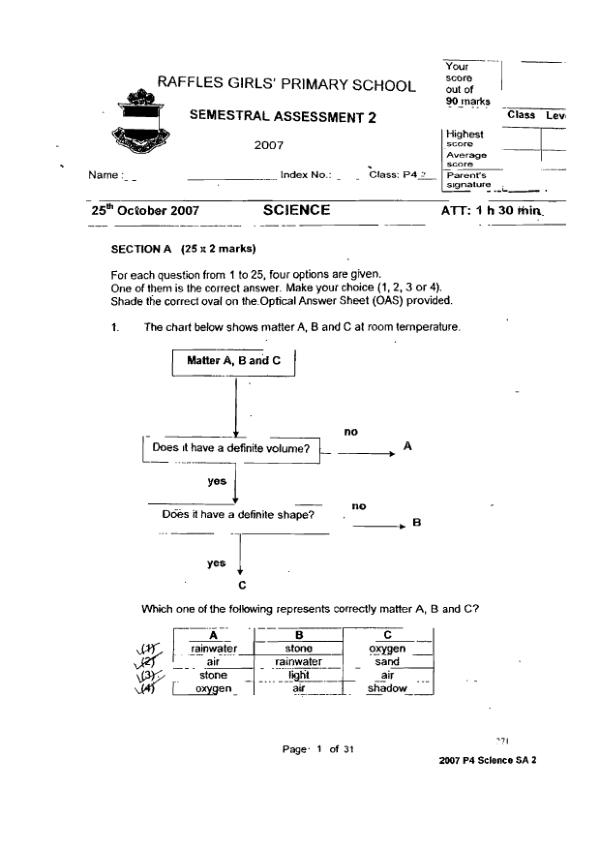 Raffles Girls P4 Sci SA2 2007 exam paper PDF preview