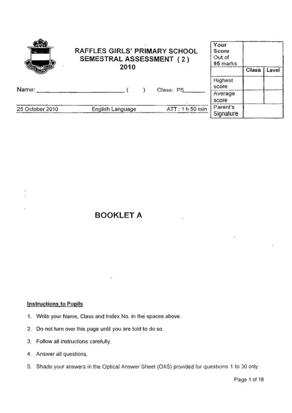 Raffles Girls P5 Eng SA2 2010 exam paper PDF preview