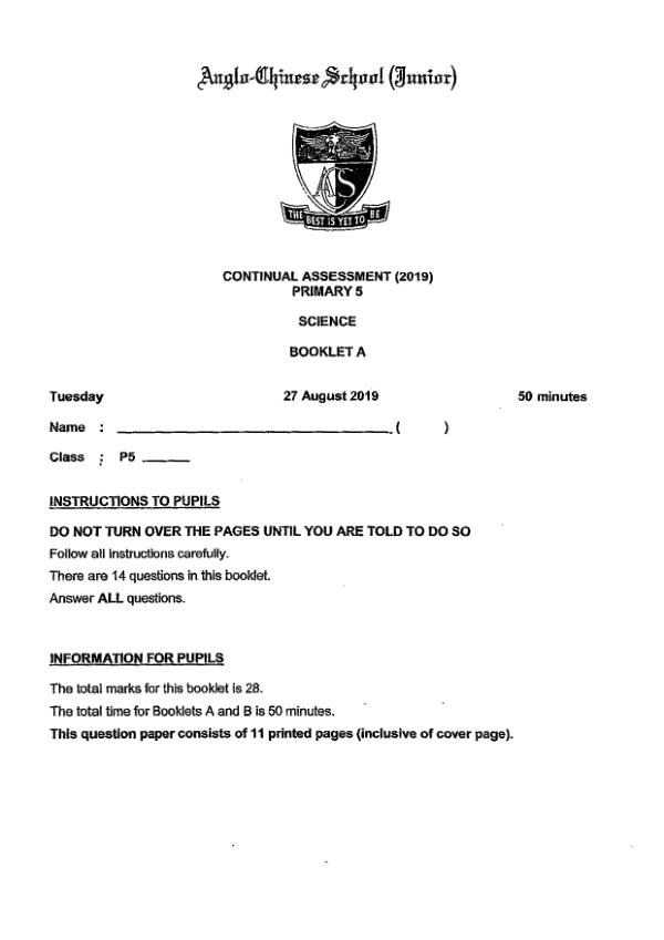 Anglo Chinese P5 Sci WA3 2019 exam paper PDF preview