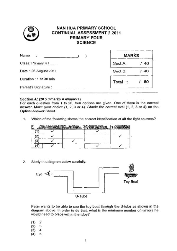 Nan Hua P4 Sci WA3 2011 exam paper PDF preview