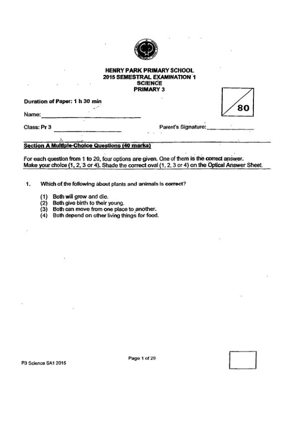 Henry Park P3 Sci WA2 2015 exam paper PDF first page preview