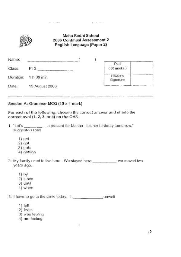 Maha Bodhi P3 Eng WA3 2006 exam paper PDF preview