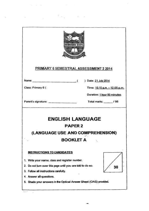 Tao Nan P6 Eng SA2 2014 exam paper PDF first page preview