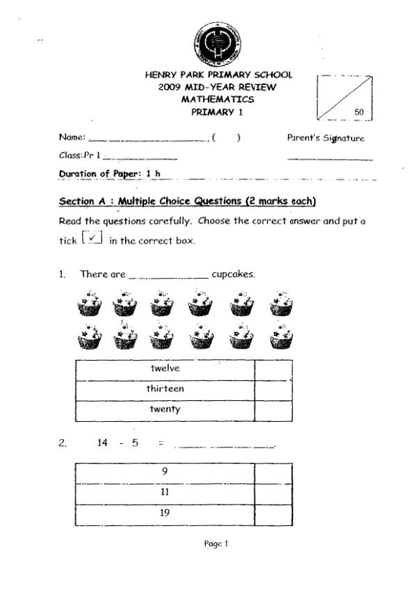 Henry Park P1 Math WA2 2009 exam paper PDF preview