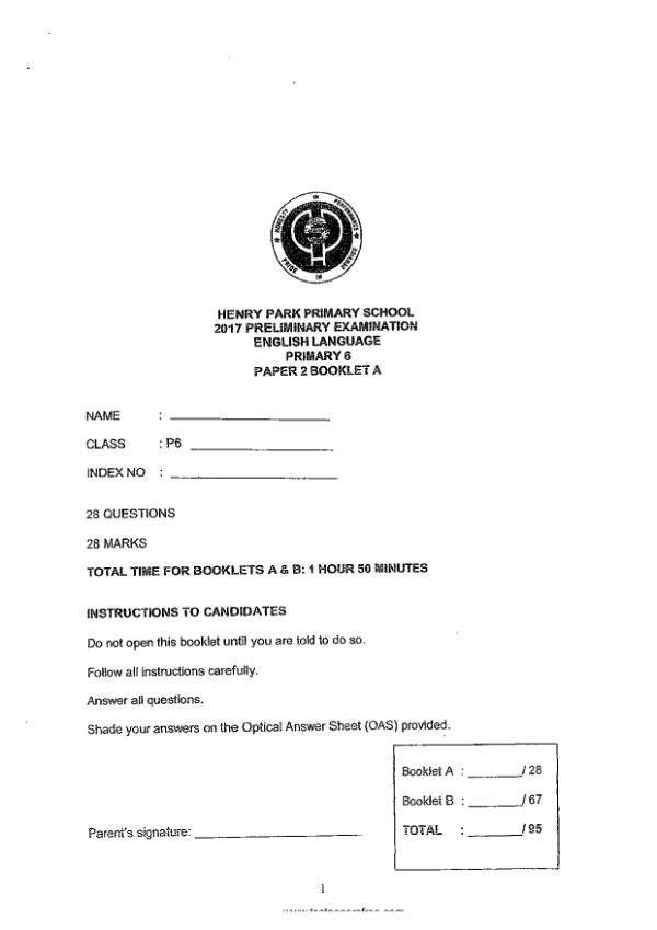 Henry Park P6 Eng SA2 2017 exam paper PDF first page preview