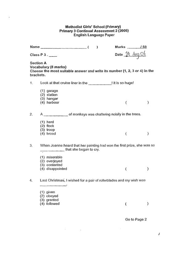 Methodist Girls P3 Eng WA3 2006 exam paper PDF preview