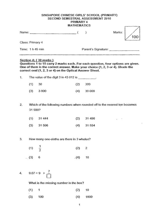 Singapore Chinese Girls P4 Math SA2 2010 exam paper PDF preview