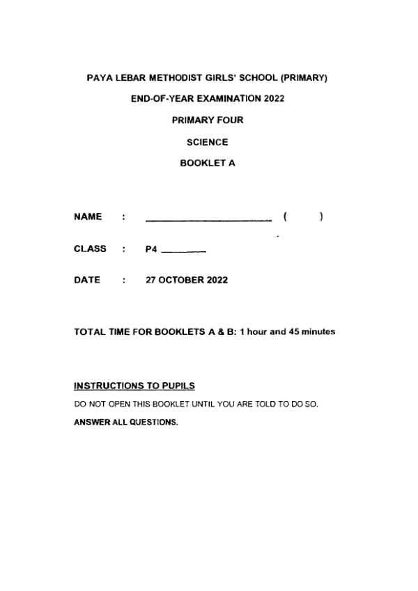 Methodist Girls P4 Sci SA2 2022 exam paper PDF preview