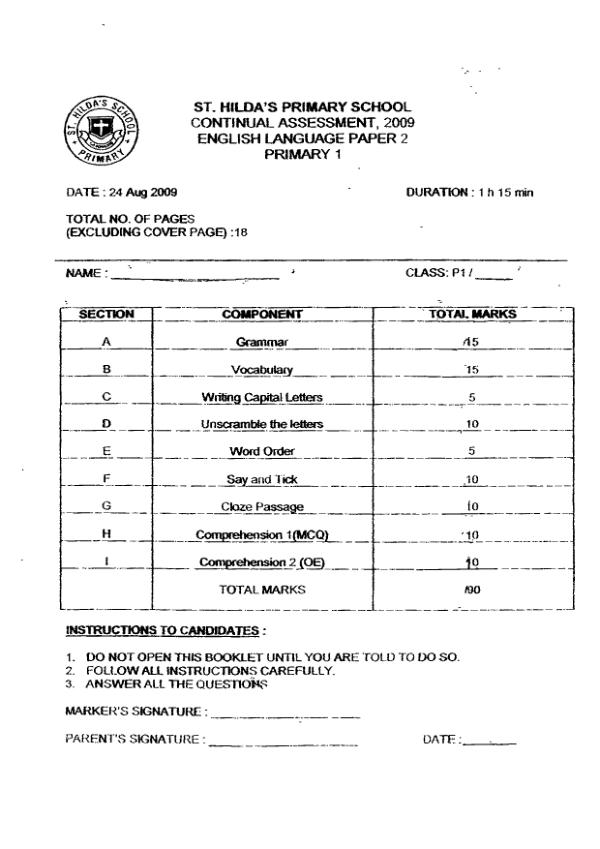 St Hildas P1 Eng WA3 2009 exam paper PDF preview