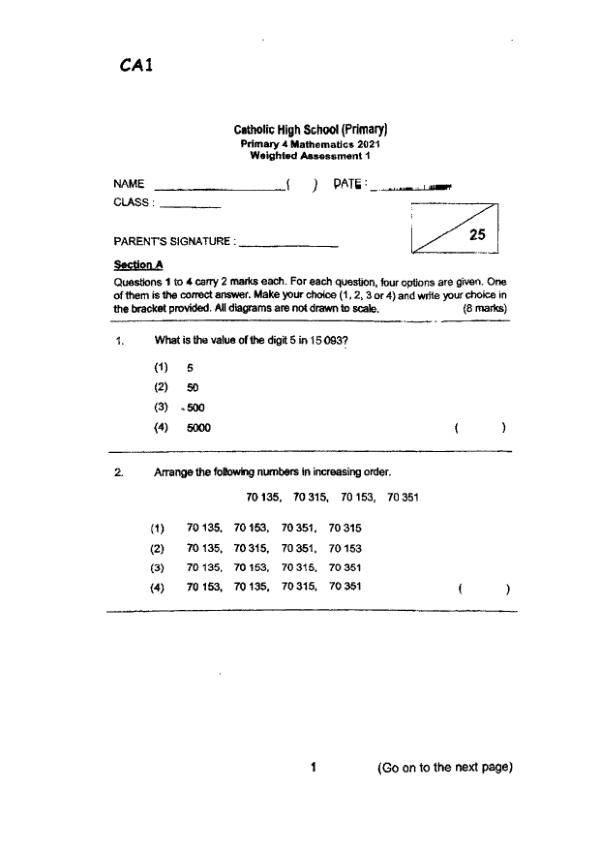 First page preview of P4 Math 2021 WA1 — Catholic High