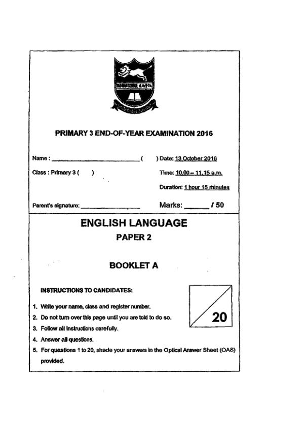 Tao Nan P3 Eng SA2 2016 exam paper PDF preview