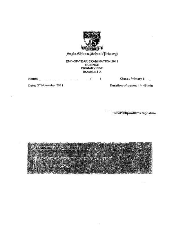 Anglo Chinese P5 Sci SA2 2011 exam paper PDF first page preview
