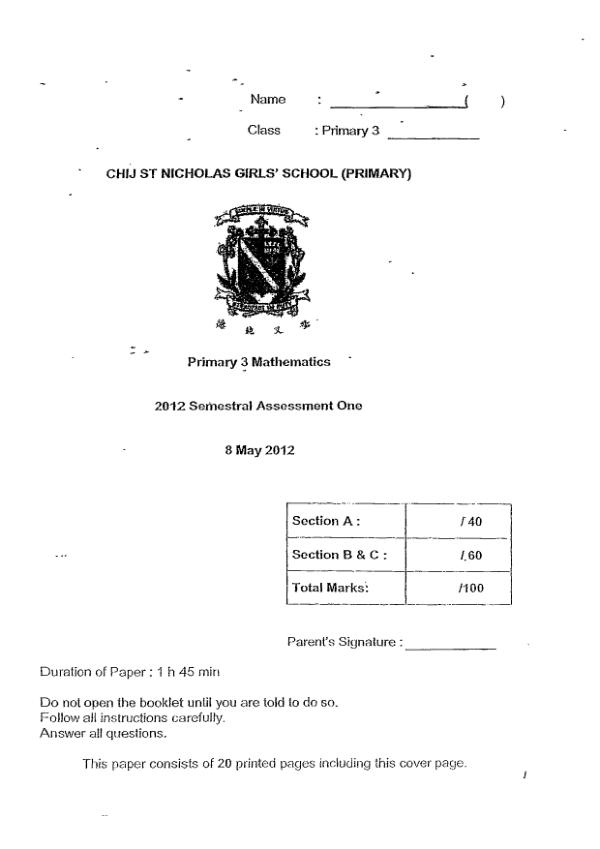 CHIJ P3 Math WA2 2012 exam paper PDF preview