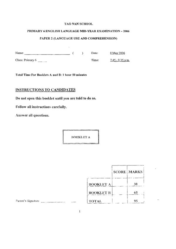 Tao Nan P6 Eng SA2 2006 exam paper PDF first page preview