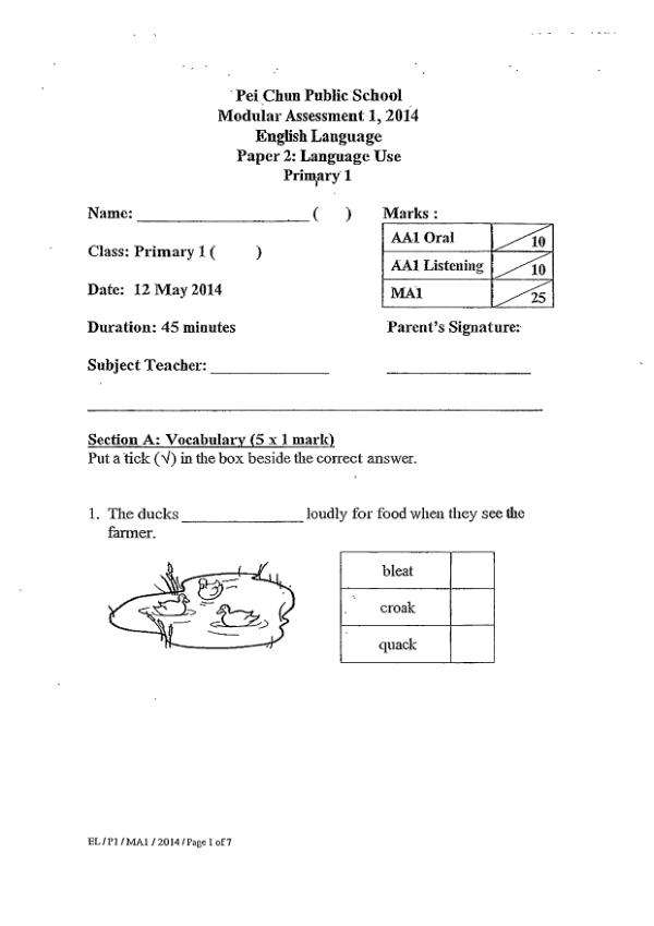 Pei Chun P1 Eng WA2 2014 exam paper PDF first page preview
