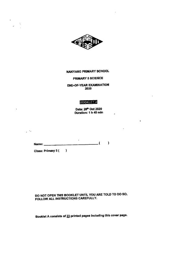 Nanyang P5 Sci SA2 2020 exam paper PDF first page preview