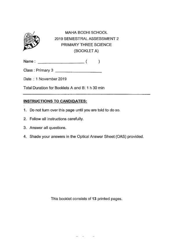 Maha Bodhi P3 Sci SA2 2019 exam paper PDF first page preview