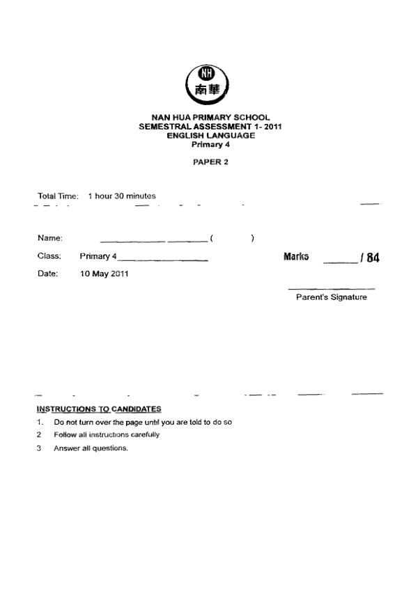 Nan Hua P4 Eng WA2 2011 exam paper PDF preview