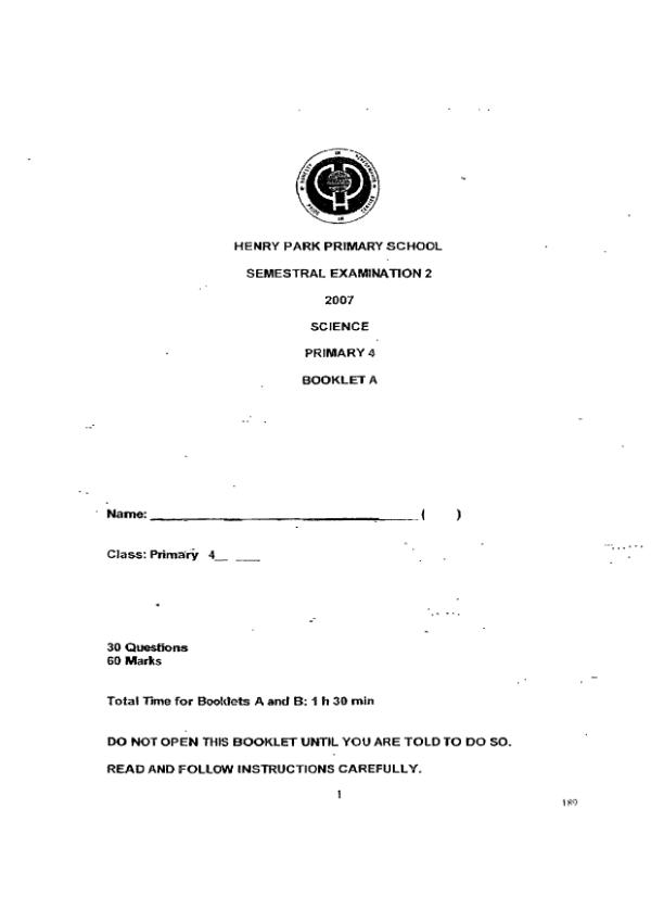 Henry Park P4 Sci SA2 2007 exam paper PDF first page preview