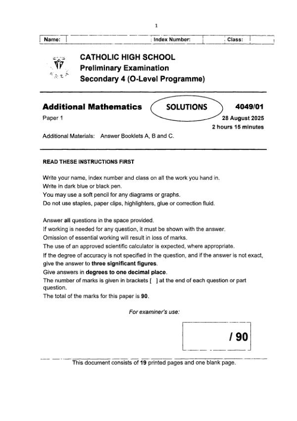 Catholic High Sec4 A_Maths Prelim 2025 exam paper PDF preview