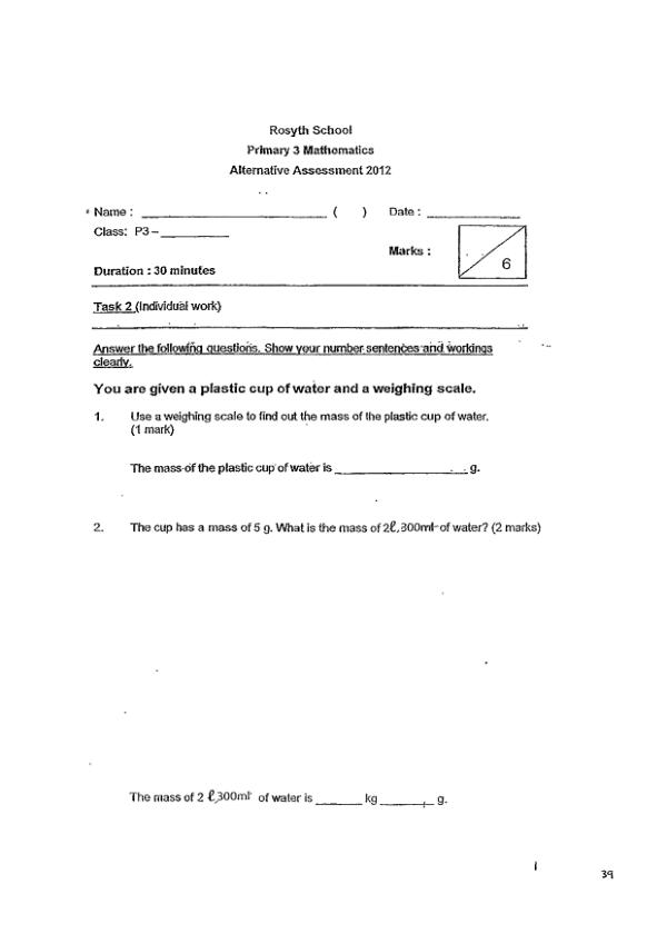 Rosyth P3 Math WA3 2012 exam paper PDF first page preview