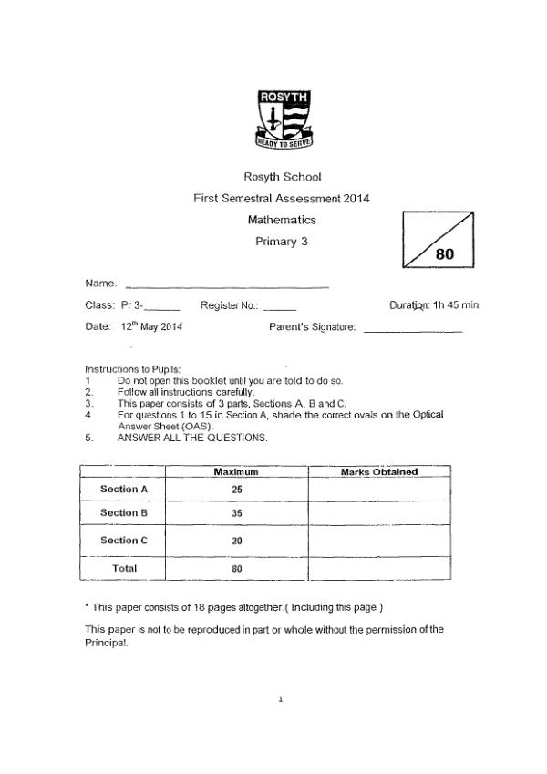 Rosyth P3 Math WA2 2014 exam paper PDF first page preview