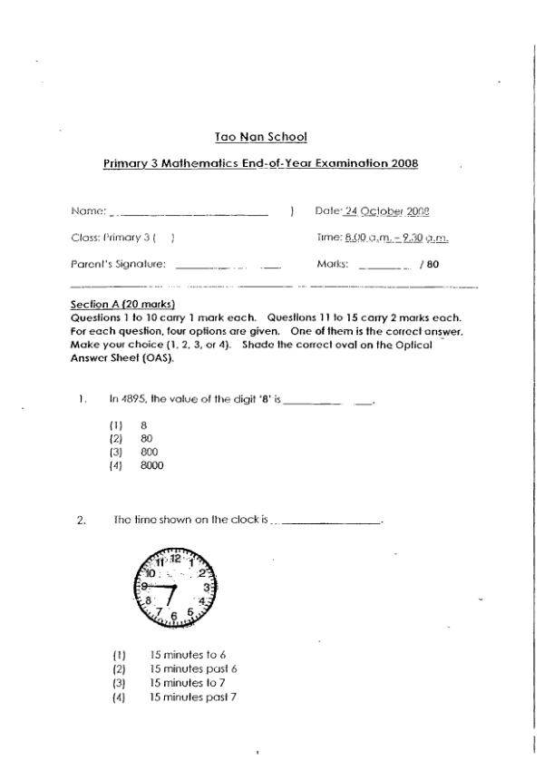 First page preview of P3 Math 2008 SA2 — Tao Nan
