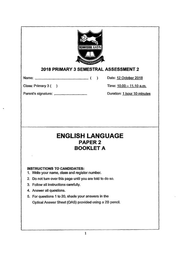 Tao Nan P3 Eng SA2 2018 exam paper PDF preview