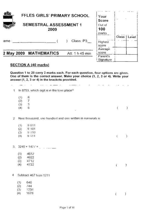 Raffles Girls P3 Math WA2 2009 exam paper PDF first page preview