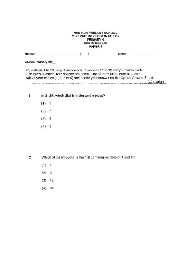 First page preview of P6 Math 2025 WA1 — Nan Hua