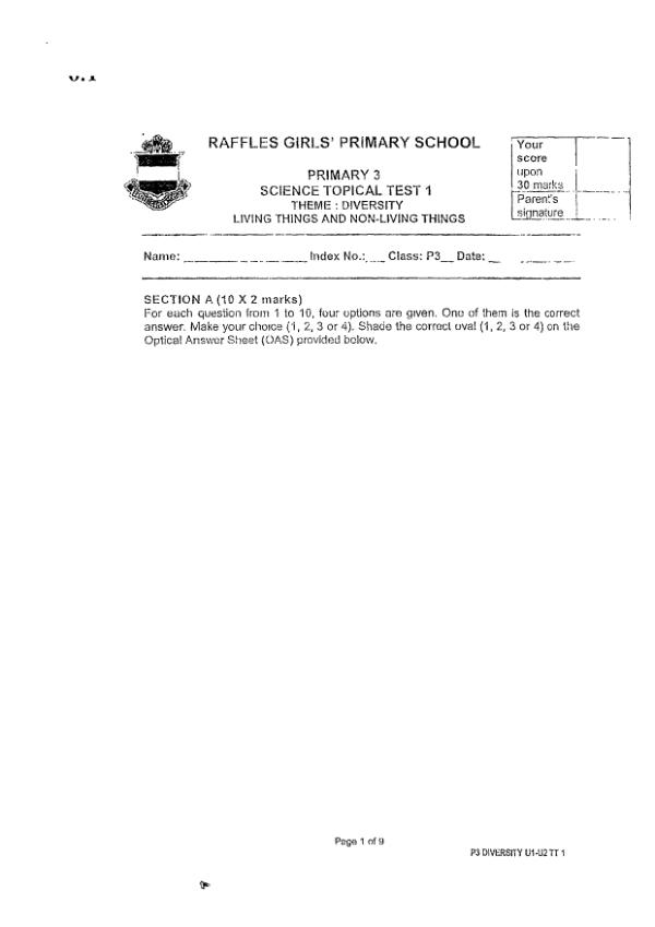 Raffles Girls P3 Sci WA1 2023 exam paper PDF first page preview
