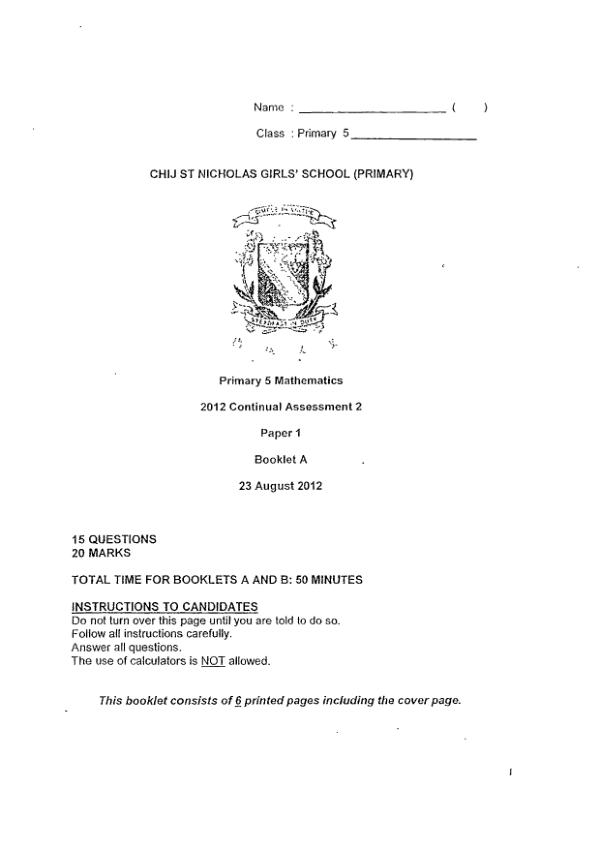 CHIJ P5 Math WA3 2012 exam paper PDF first page preview