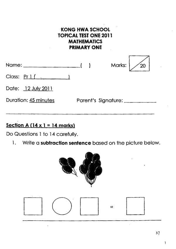 Kong Hwa P1 Math WA1 2011 exam paper PDF preview
