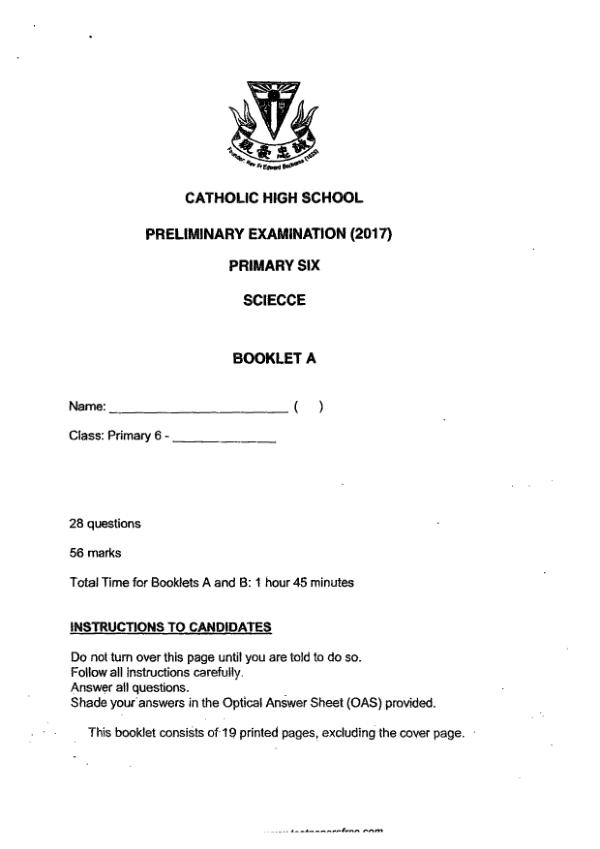 Catholic High P6 Sci SA2 2017 exam paper PDF first page preview