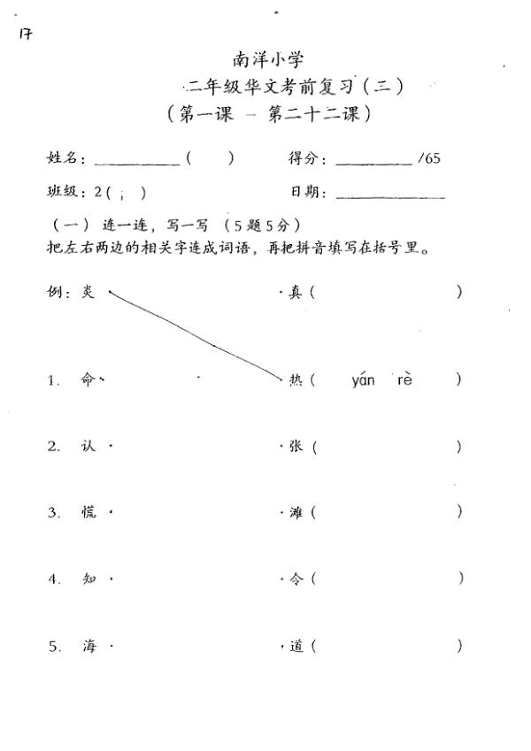 Nanyang P2 Chi WA2 2016 exam paper PDF first page preview