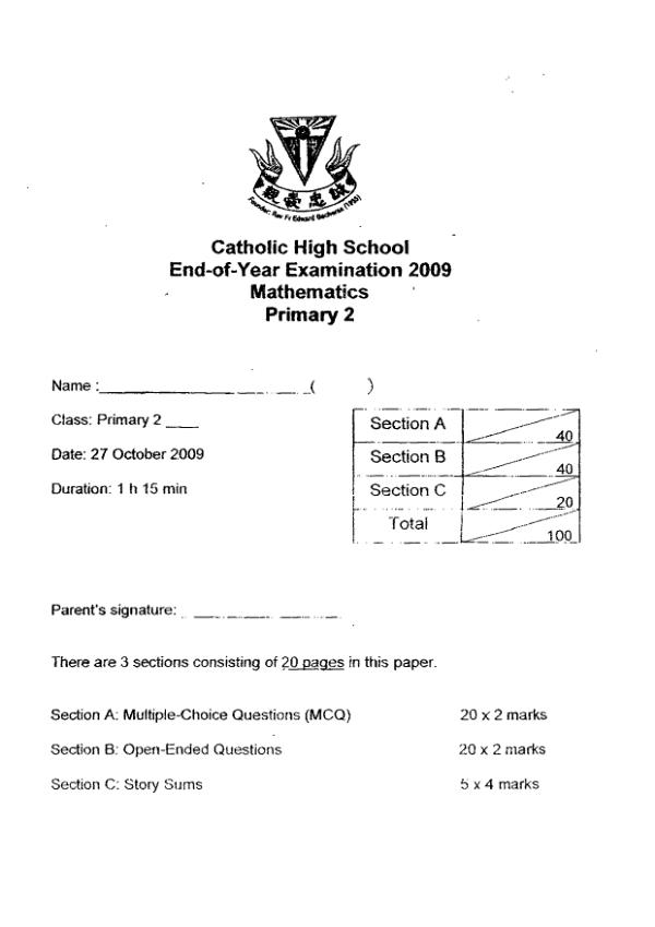 Catholic High P2 Math SA2 2009 exam paper PDF preview