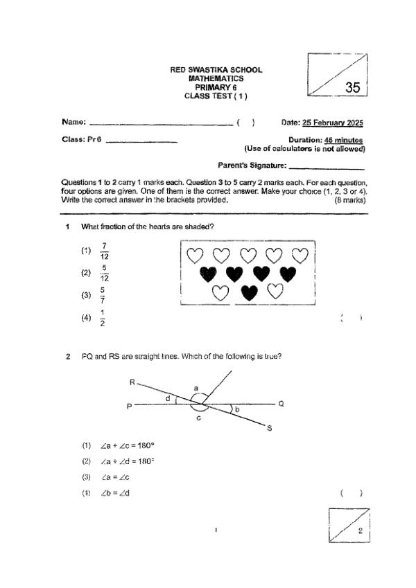 First page preview of P6 Math 2025 WA1 — Red Swastika