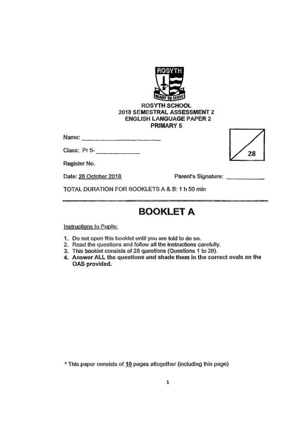 Rosyth P5 Eng SA2 2018 exam paper PDF first page preview