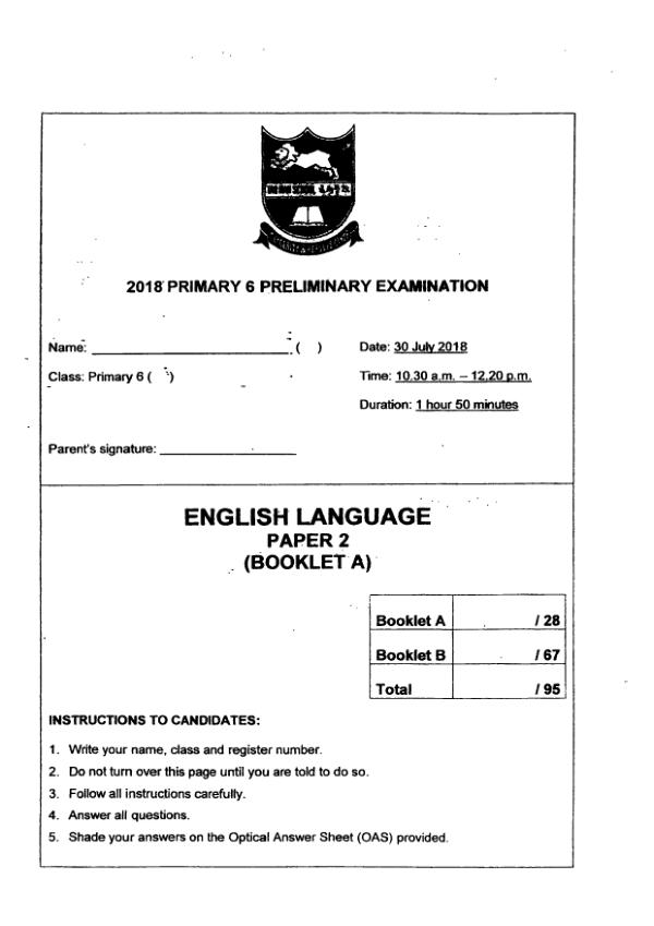 Tao Nan P6 Eng SA2 2018 exam paper PDF first page preview