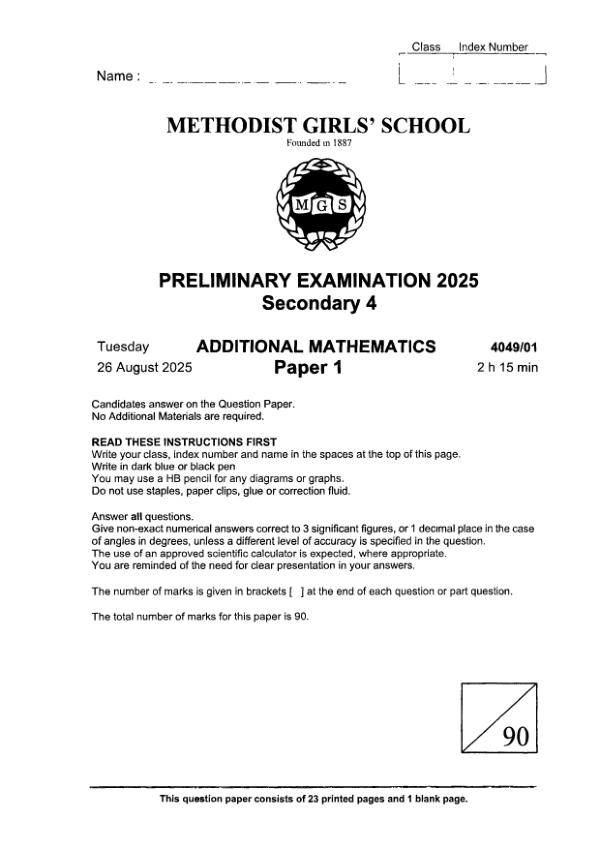 Methodist Girls Sec4 A_Maths Prelim 2025 exam paper PDF preview